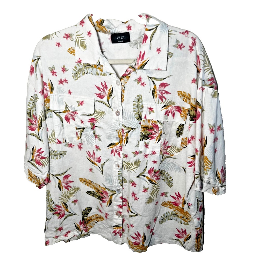 Vici Tropical Linen Blend Camp Shirt Floral Hawaiian Women's size L Resortwear